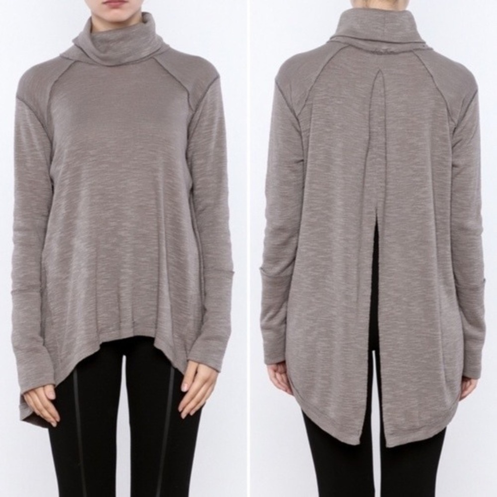 Free People We The Free Split Back Turtleneck Top Tunic Gray Slub Knit Medium